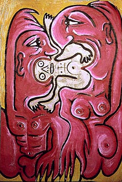 "Parents". Père à gauche, mère à droite, semblables. Au centre, "dans le fond", pris dans le fond, dessiné par les silhouettes, ... qui donc ?