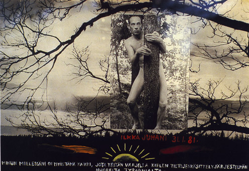 Puusta Pudonnut. 13.1.1981.Auto-portrait photographique, collage / omakuva, kolaassi.